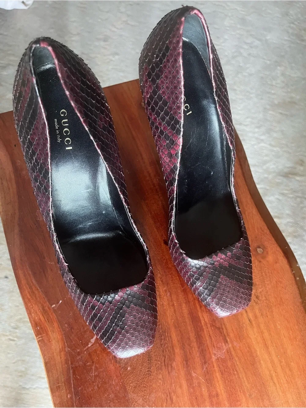 Gucci Burgundy and Black Snakeskin Platform Pumps